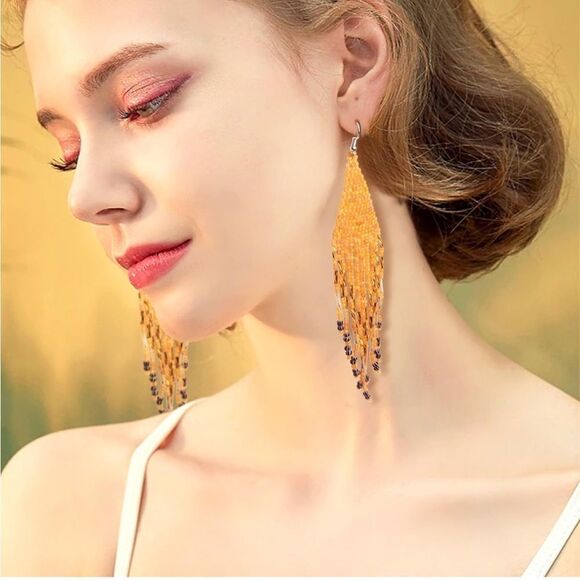 Orange Bohemian Seed Bead Tassel Dangling Statement French Wire Hook Earrings - Picture 7 of 7